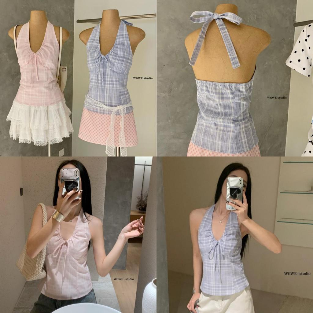 เสื้อคล้องคอคอวี ป้ายWG.WE ผ้าลายสกอต เว้าหลังมียางยืด ดีเทลผูกโบว์ด้านหลัง เสื้อมีซับใน 8456