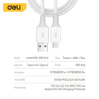 Deli สายชาร์จ สายชาร์จแบต ชาร์จเร็ว Type C / USB A / Lightning รองรับโทรศัพท์หลายรุ่น Fast Charging Cable