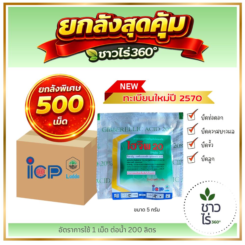 [ยกลังสุดคุ้ม **500**เม็ด] ไฮจิพ20 5 กรัม  *ใหม่ทะเบียนปี70* ไอซีพี ลัดดา ICPลัดดา จิบเบอเรลลิก20% จิ๊บเม็ด ยืดผล องุ่น