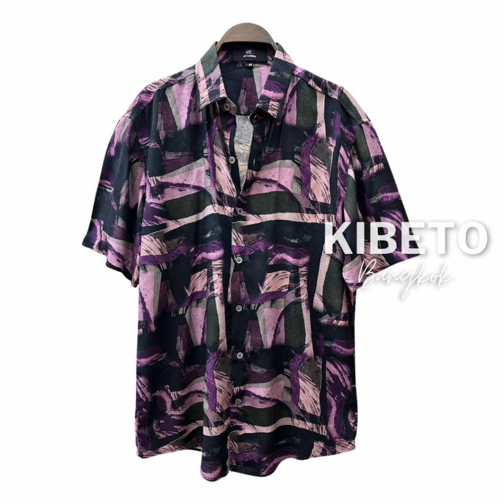 Kibeto เสื้อฮาวาย ลายกราฟฟิคกระจก สีดำม่วง ผ้าสปันเรยอน เนื้อนิ่ม ใส่สบาย M L XL 2XL 3XL