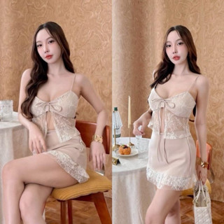 เซ็ท2ชิ้นสายเดี่ยวลูกไม้ซีทรูแมชมากับกระโปรงกางเกงปลายแต่งลู…