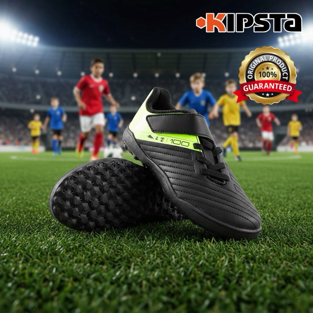 รองเท้าฟุตบอลสำหรับเด็ก ”แบบติดแถบตีนตุ๊กแก“ (มีไซส์ 28-34) รุ่น 100 Easy TF (สีดำ/เหลือง) KIPSTA