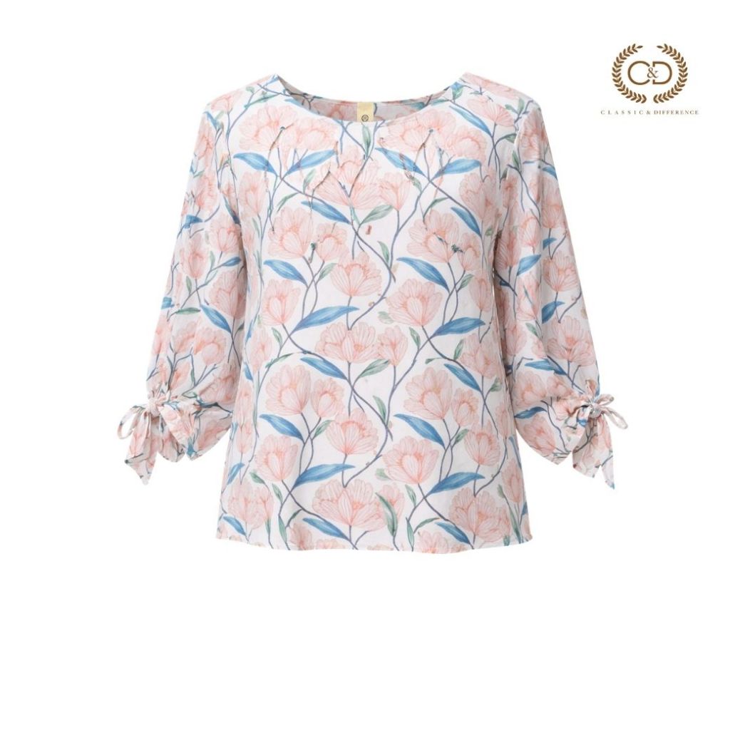 C&D เสื้อผู้หญิง Cotton Blouse เสื้อแขนยาว ลาย Tulip Flower สีชมพู เนื้อผ้าคอตตอนพีม่า ซี แอนด์ ดี (CWIYLO)