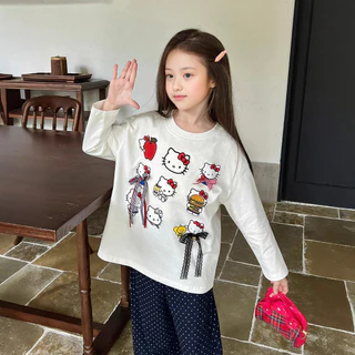 (**พร้อมส่งจากในไทย**) NO.899 เสื้อแขนยาวเด็ก*สีขาว*ลายแมวมีโบว์ (เฉพาะเสื้อเท่านั้น)