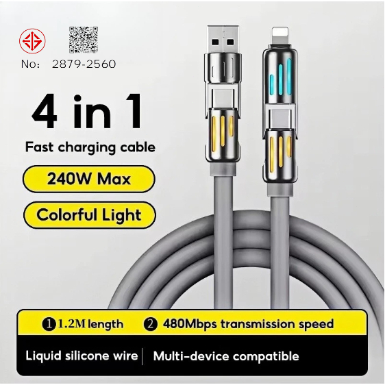 สายเคเบิลชาร์จเร็ว 4in1 สายชาร์จ Fast Charge 240w สายชาร์ประดับไฟ RGB สีสันสดใส สายยาว1เมตร