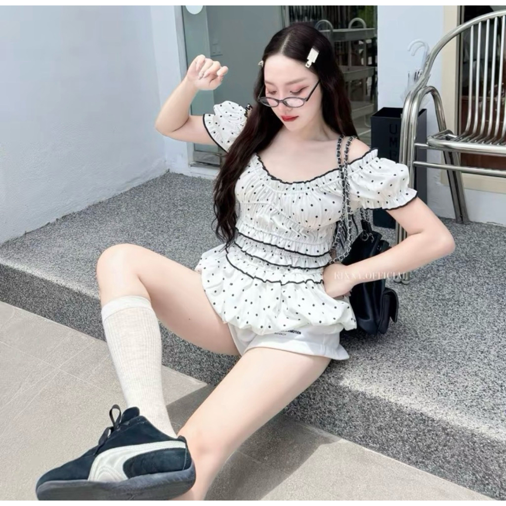 ส่งต่อ 📌 Pummy Top เสื้อแขนตุ๊กตาผู้หญิง ลายริ้วทรงบอลลูน