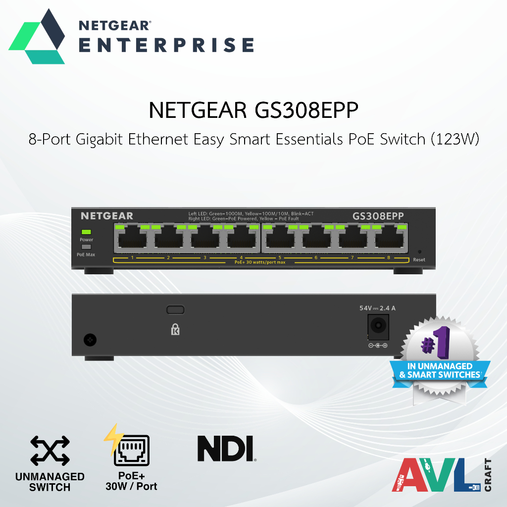 NETGEAR GS308EPP 8-Port Gigabit Ethernet Easy Smart Essentials PoE Switch (123W)