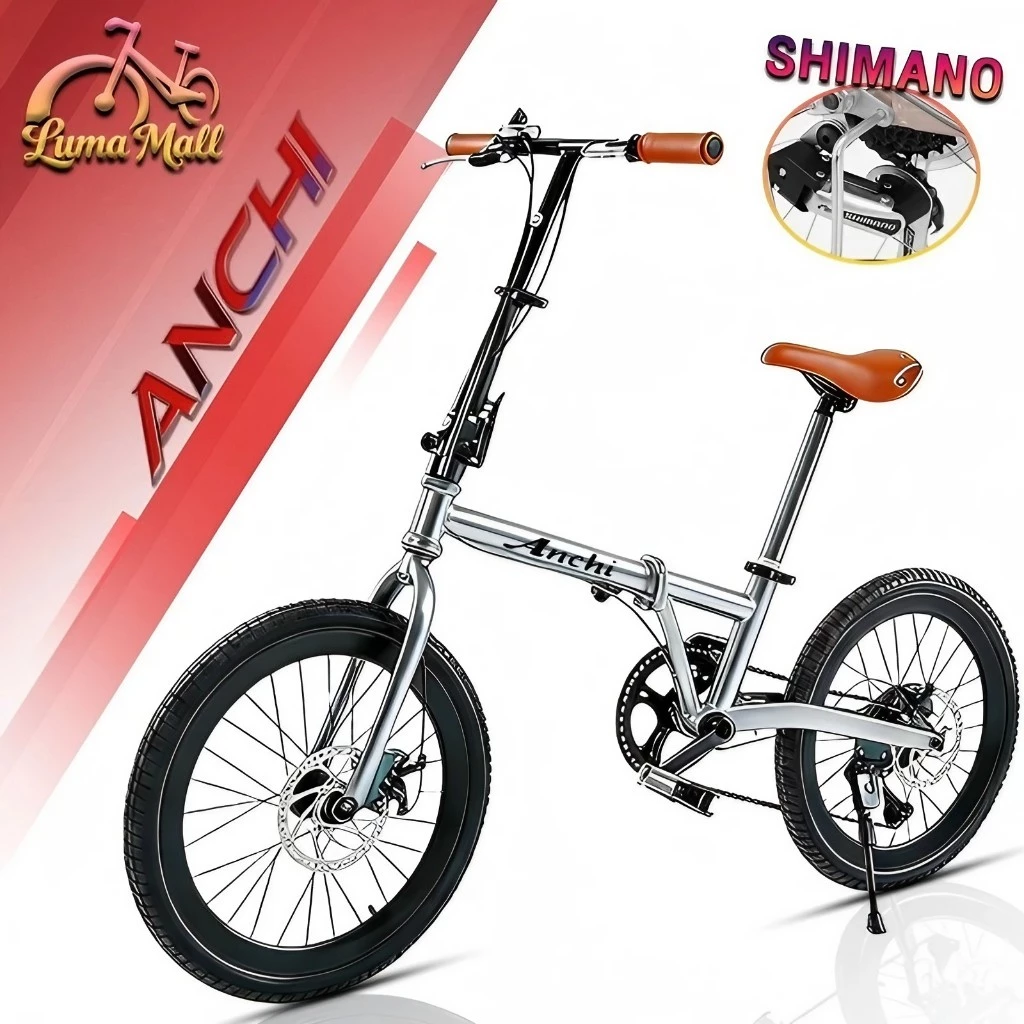 ANCHI จักรยาน SHIMANO เกียร์ 20 นิ้ว พับได้ การเดินทางแบบพกพา เบาะ ที่นั่งสบาย รอบมีดคัตเตอร์ 30 มม