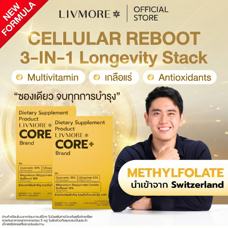 [สูตรใหม่ 2 กล่อง] LIVMORE CORE+ อาหารเสริมชะลอวัย กู้ระบบเผาผลาญ ผสม MethylFolate + CoQ10 + Resveratrol 98% + Vit B12