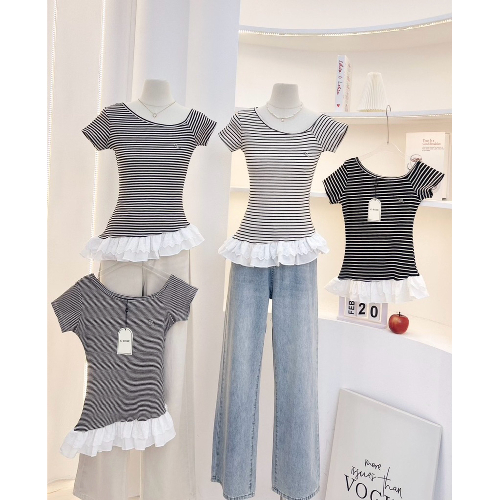 G-Rose เสื้อยืดปาดไหล่ ลายริ้ว แต่งชายระบายลูกไม้