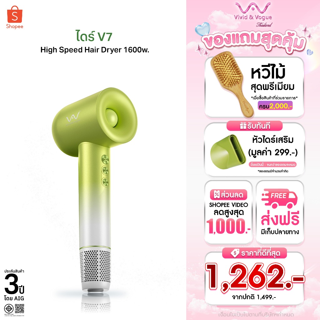 Vivid&Vogue ไดร์เป่าผมความเร็วสูง 120,000rpm ไอออน ผมแห้งไว ไม่เสีย