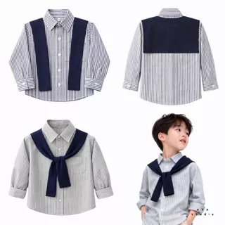 เสื้อเชิ้ตเด็กชาย 👦🏻 ผ้าออกซ์ฟอร์ด พร้อมผ้าพาดไหล่สีกรม แขนยาว 1-9 ขวบ ผลิตในไทย พร้อมส่ง 🚚 (แขนยาว)