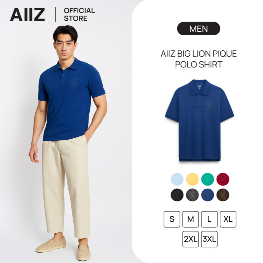 AIIZ เสื้อโปโลผู้ชายผ้าปิเก้โลโก้สิงห์ AIIZ Men's Big Lion Pique Polo Shirt