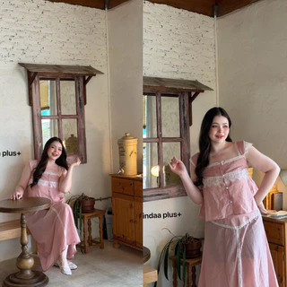 (LD)เซ็ต เสื้อสายเดี่ยวแต่งลูกไม้+กระโปรงยาว สวยมาก ละมุนสุดๆ ทะเลคาเฟ่ หวานๆได้หมด เสื้อผ้าสาวอวบอ้วน พลัสไซส์ ไซส์ใหญ่