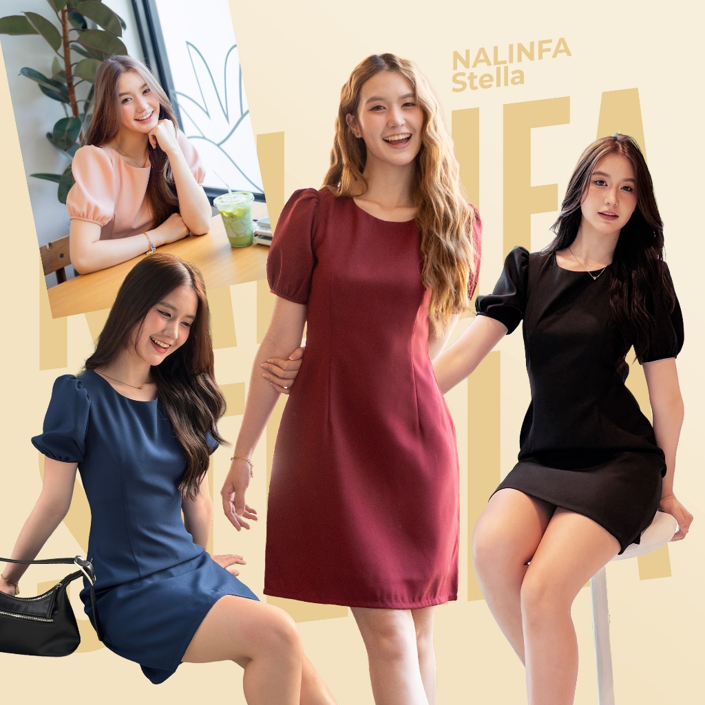 NALINFA Stella Black/Creamy Peach/Navy  - เดรสแขนตุ๊กตา  ทรงยอดฮิต