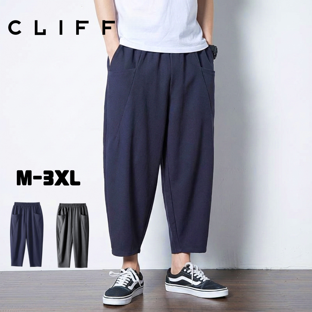 CLIFFกางเกงขาสามส่วนผู้ชาย  สีเรียบ  สไตล์มินิมอล  พักผ่อน  oversize  เอวกางเกงยืด