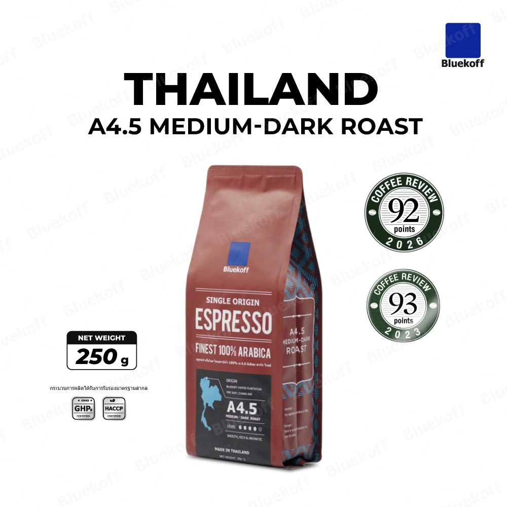 Bluekoff  A4.5 เมล็ดกาแฟไทย อราบิก้า 100% Premium เกรด A คั่วกลางค่อนเข้ม (Medium-Dark Roast) บรรจุ 250 กรัม