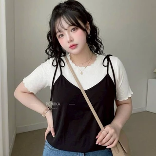 C49 🍬 [S - XXXXXL] เสื้อสาวอวบ เซ็ต 2 ชิ้น Layered Look สไตล์มินิมอล ดีเทลผูกไหล่สุดคิวท์ ใส่แล้วดูเพรียว พรางหุ่นได้ดี