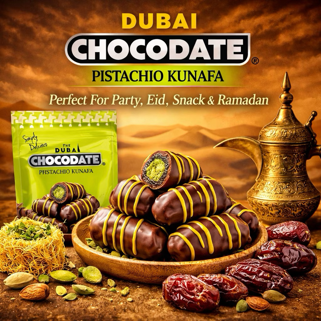 ช็อกดูไบแท้ พรีเมี่ยม Chocodate Pistachio kunafa Milk Chocolate with Dates 90GM