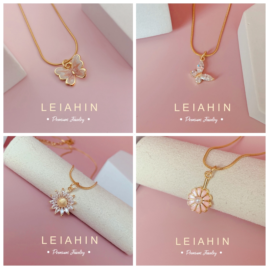 LEIAHIN Jewelry ผู้หญิงสร้อยคอแฟชั่นสร้อยคอดอกไม้และผีเสื้อจี้สร้อยคอไม่ลอกไม่ดำ อาบน้ำสามารถสวมใส่