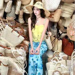 YOYO พร้อมส่ง🌊ชุดชายหาด 2ชิ้น สไตล์Y2K ผู้หญิง เสื้อเกาะอก+กระโปรงสั้นลายดอกไม้ ชุดไปทะเล ชุดแต่งวันสงกรานต์ ผ้าบางสวยๆ
