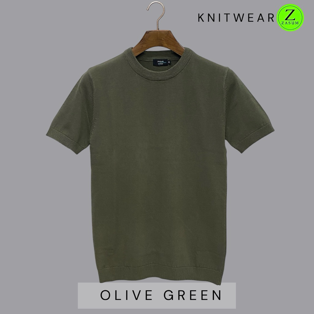 Knitwear ZASUM Sweatshirt เสื้อแขนสั้นคอกลมสีพื้น สีเขียวขี้ม้า(olive green) เสื้อนิตติ้งCotton100% ผ้านุ่มใส่สบาย
