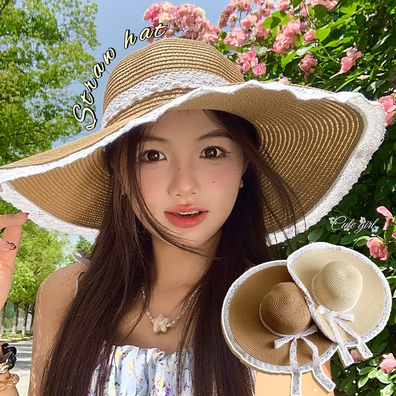 หมวกสาน หมวกยักเก็ต👒ริบบิ้นลูกไม้👒สไตล์เกาหลี สไตล์โมเดิร์นโบฮีเมีย ส่งจากไทย COD