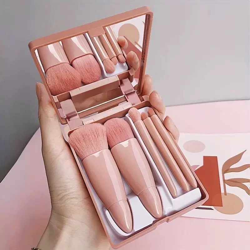 SET-BRUSH-BOX🍧เซ็ทแปรงแต่งหน้า 5 ชิ้น+กระจก พร้อมตลับพกพา ขนนุ่มปลอดภัย ครบชุด แปรงแต่งหน้าสําหรับเดินทาง🍧