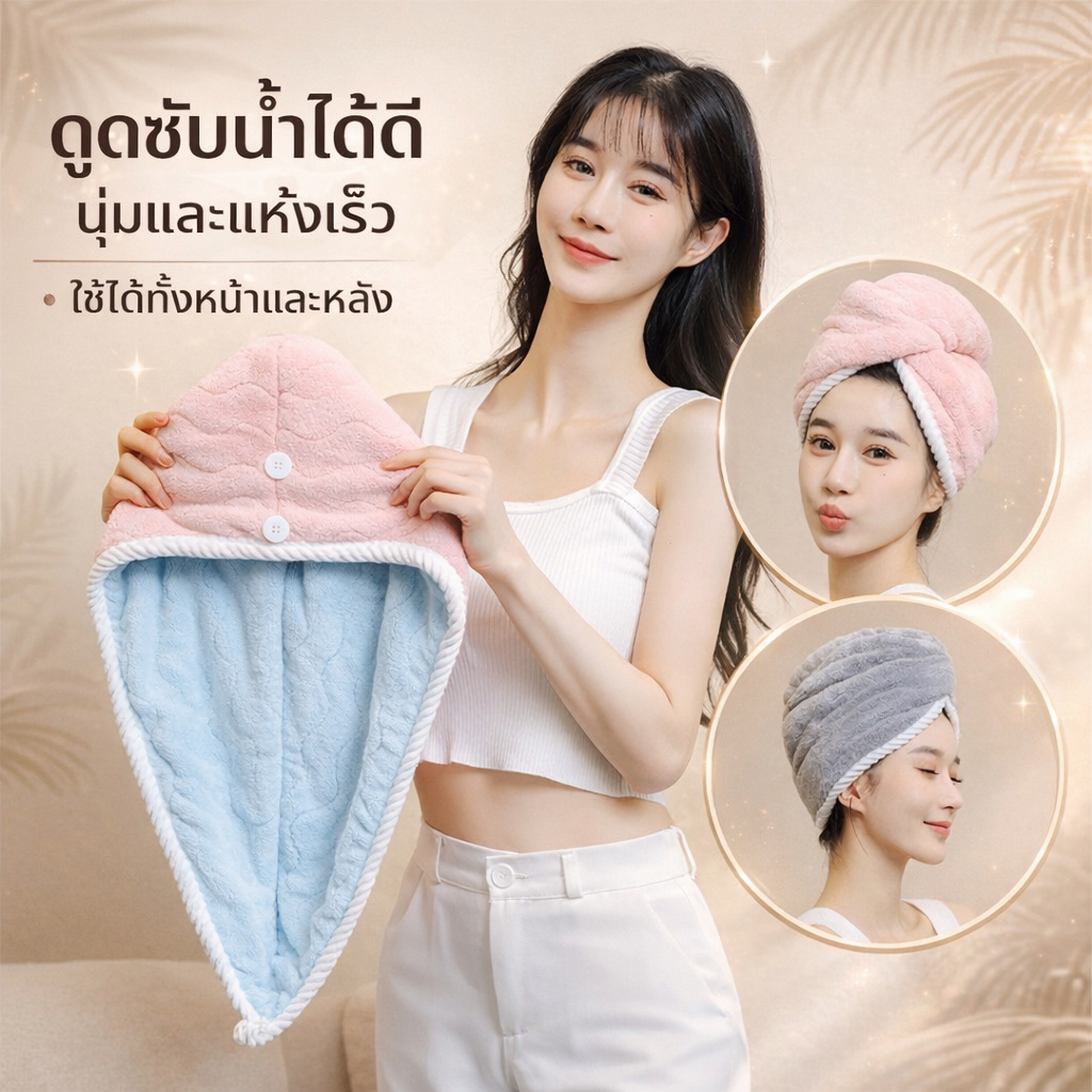 ​ผ้าเช็ดผม หมวกอบผมแฟชั่น สองชั้นหนา ซึมซับน้ำเร็ว ใช้ง่ายทั้งสองด้าน ดูแลเส้นผมให้แข็งแรง​​