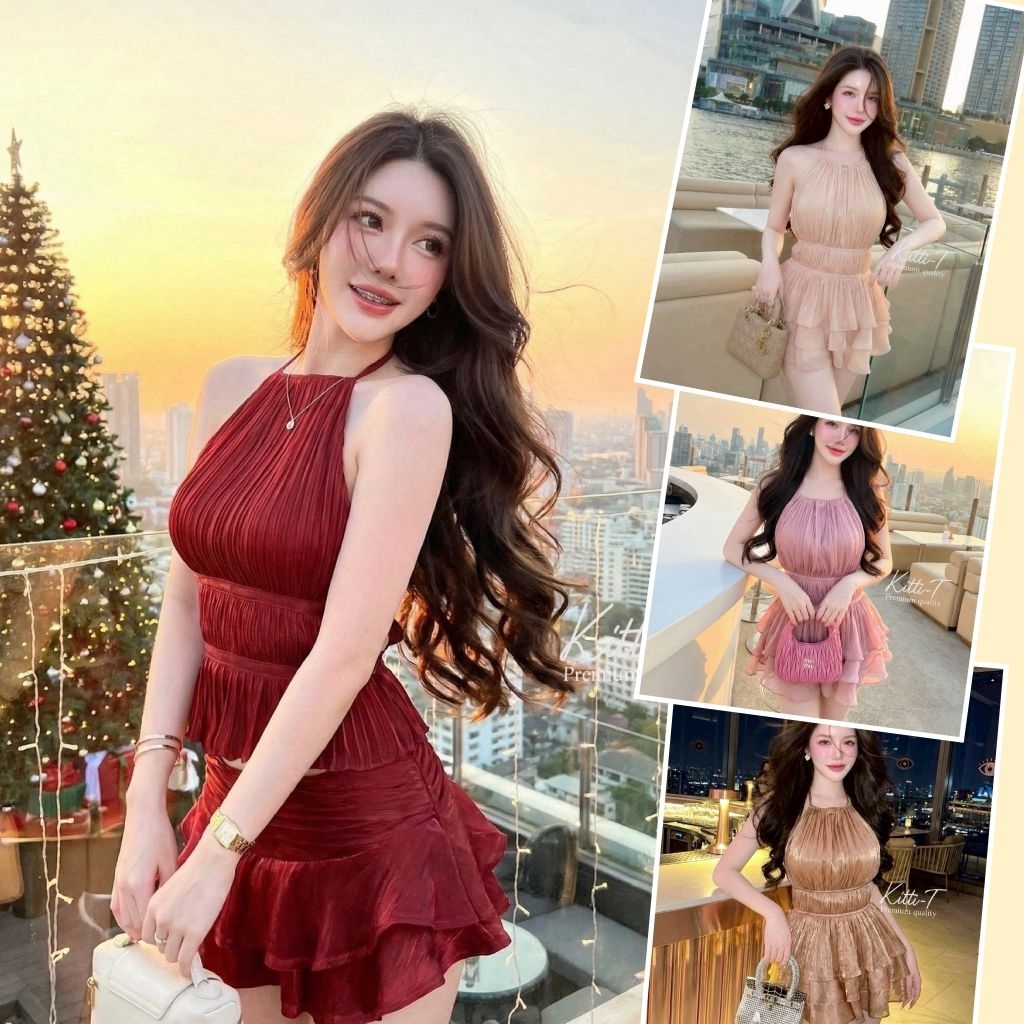 KITTI -T Set (2) ชิ้น เสื้อ+กระโปรง สายคล้องคอแบบ Halter Neck เปิดไหล่ กระโปรงทรงสั้นแต่งระบายซ้อนเป็นชั้น