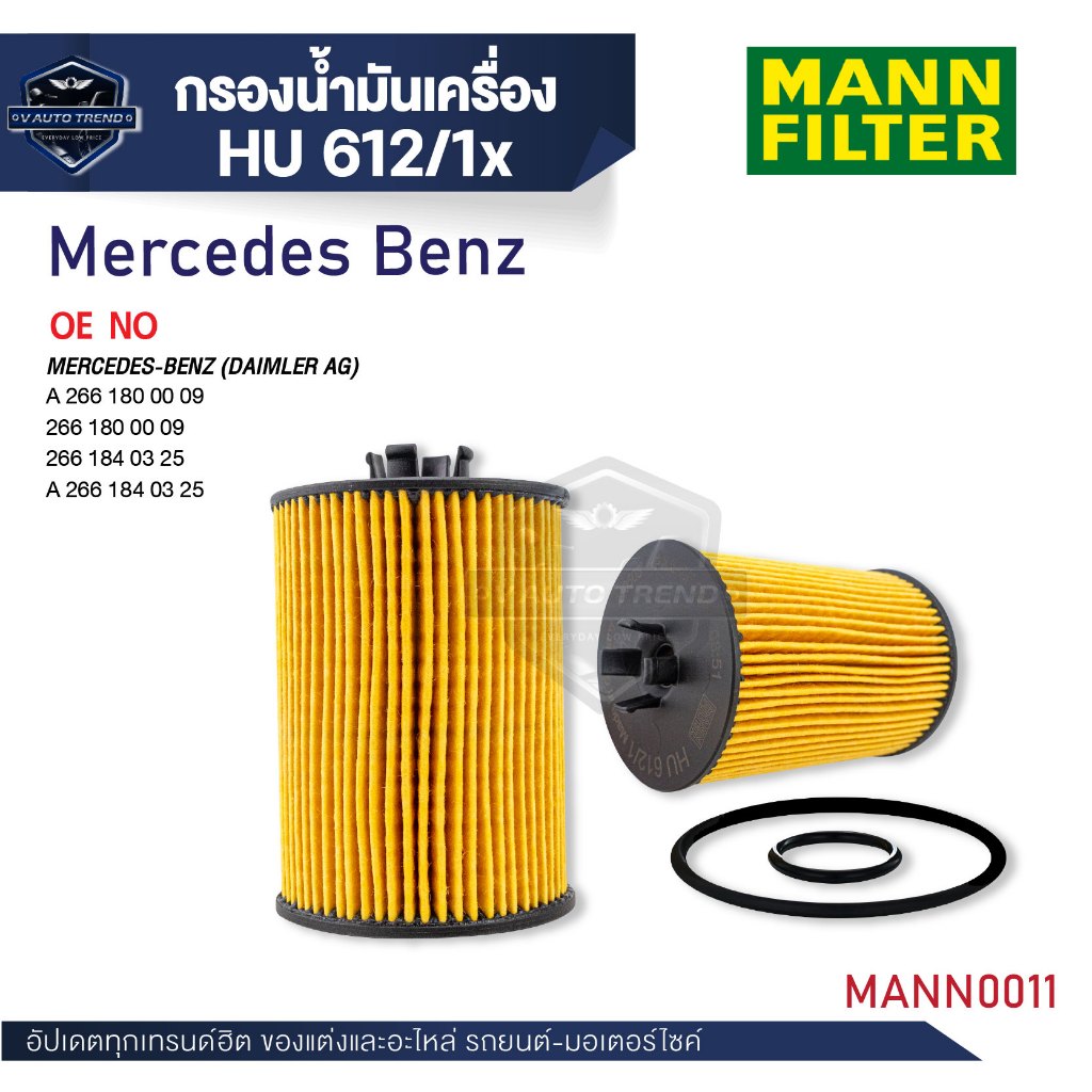 MANN กรองน้ำมันเครื่อง รหัส HU 612/1 x MERCEDES-BENZ รุ่น A-KLASS (W169)- '04-',B-KLASS(W245)- 05-11