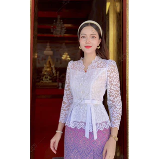 เสื้อลูกไม้อิตาลีรุ่นโบว์น่ารักๆ คอวี แขนยาว อัดกาวทั้งตัว ใส่สบาย พร้อมส่ง ใส่ออกงานได้หลายโอกาส