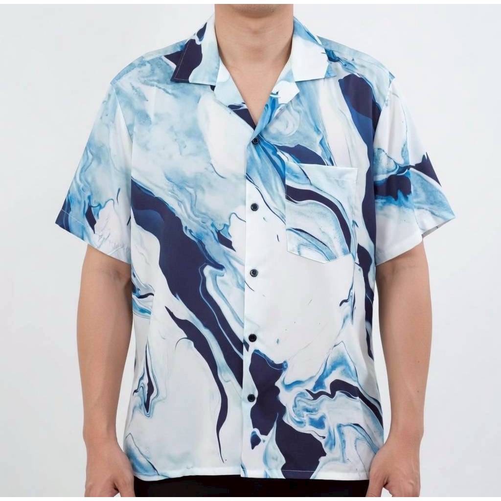 เสื้อเชิ้ตฮาวาย ลายหินอ่อนฟ้า (พื้นสีฟ้าขาว) ผ้าไหมอิตาลี