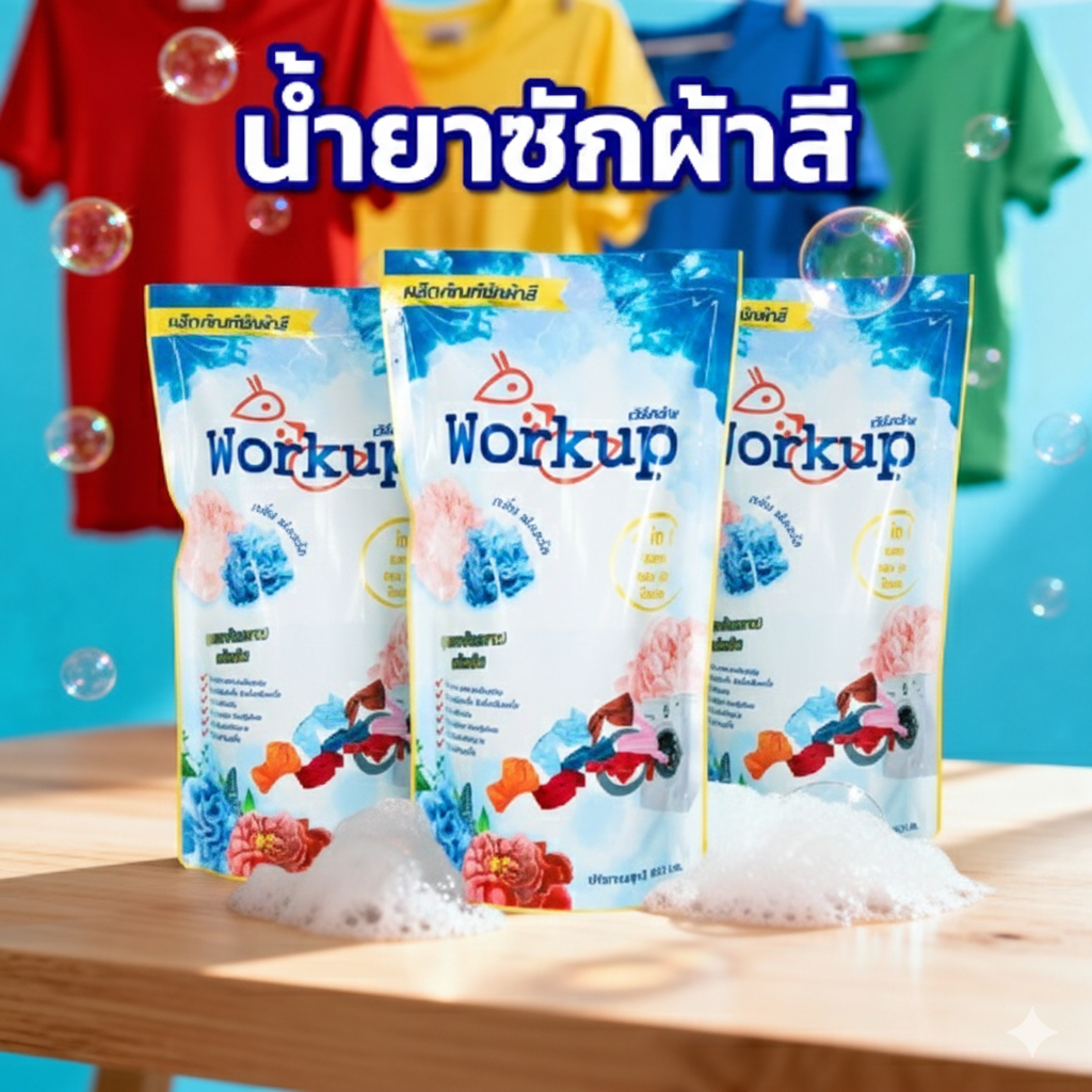 [Workup Mall] แพ็ค 3 สุดคุ้ม! น้ำยาซักผ้าสี สูตรถนอมสีผ้าป้องกันสีซีด (ขนาด 600 มล. x 3 ถุง)