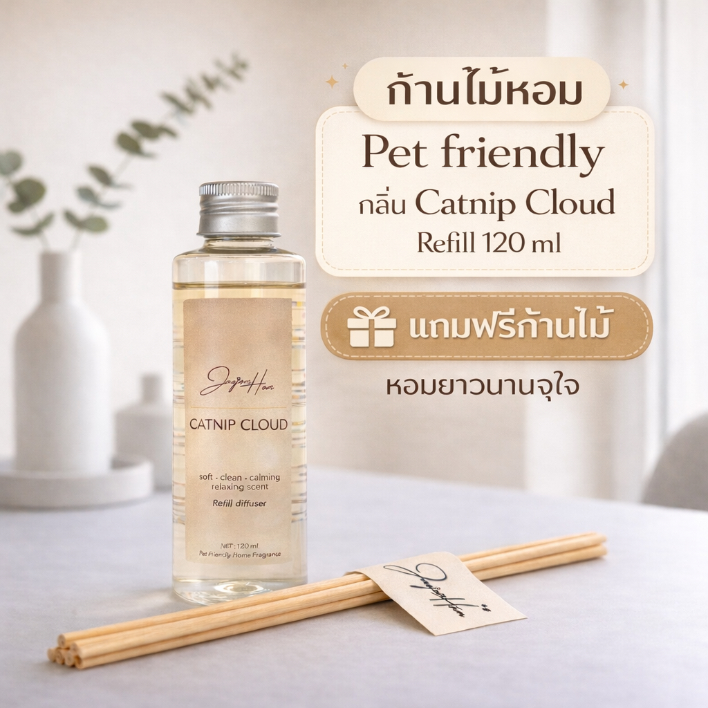 รีฟิลหอมนานสุดคุ้ม 120ml กลิ่น Catnip Cloud ก้านไม้หอม Pet Friendly แถมฟรีก้านไม้ไฟเบอร์