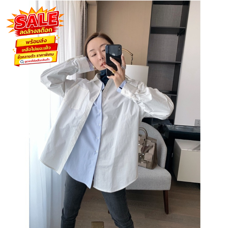 ล้างสต็อก เสื้อเชิ้ตคอปก SMD2798 เสื้อเชิ้ตผู้หญิงคอปก สไตล์เกาหลี ดีไซส์ สีฟ้าลายทาง สีขาวเรียบๆ แข