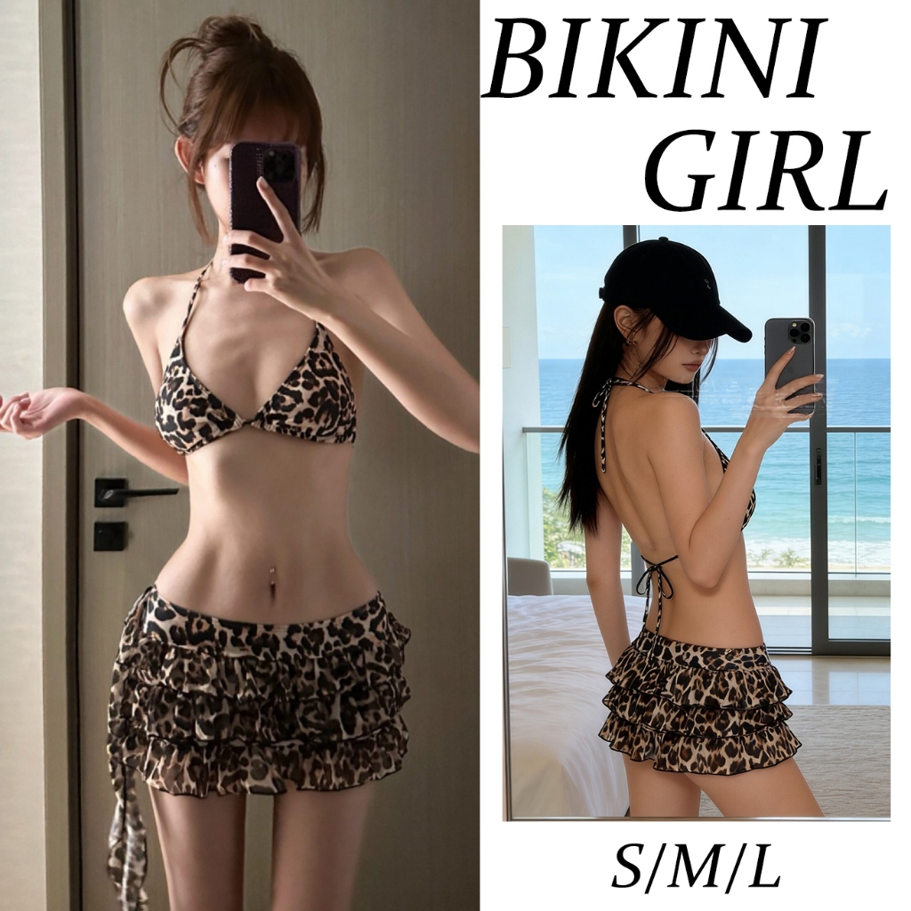 เซ็กซี่  bikini   ชุดว่ายน้ำ  ลายเสือดาวสไตล์เรโทร ดีไซน์แบบผูกเชือก ชุด 3 ชิ้น   ชุดไปทะเล   ส่งไวจากไทย
