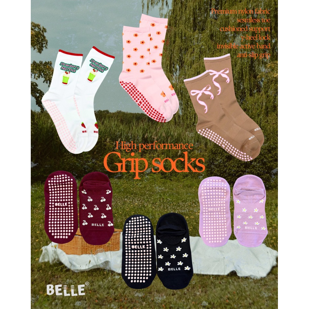 BELLE Gripsocks ถุงเท้าพิลาทิส ถุงเท้าโยคะกันลื่น พร้อมขนนุ่มเต็มฝ่าเท้า Pilates Anti-Slip สำหรับออกกำลังกาย