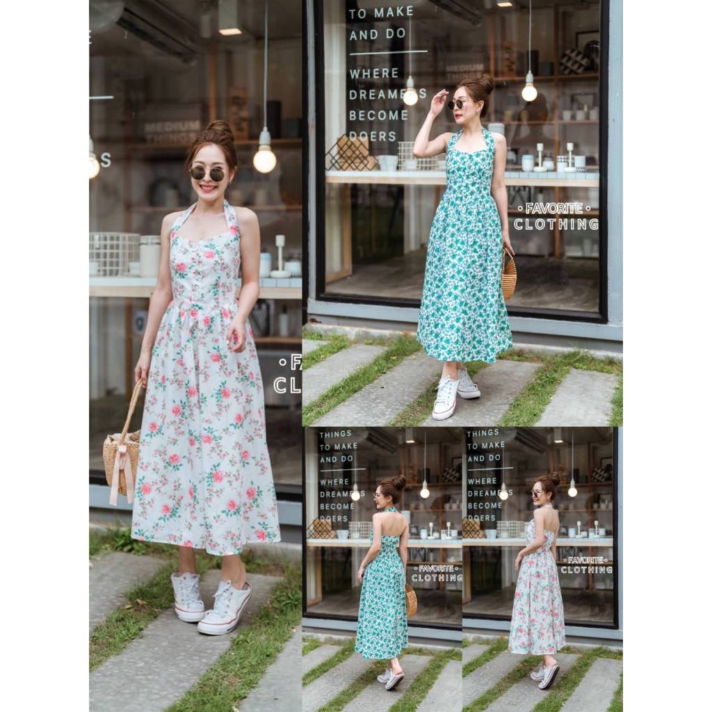 •FAVORITE• FVR 10683 เดรสคล้องคอ ผ้าพิมพ์ลายดอก งานซิปหลังใส่ง่าย แต่งกระดุมหน้า ช่วงหลังเย็บยาง