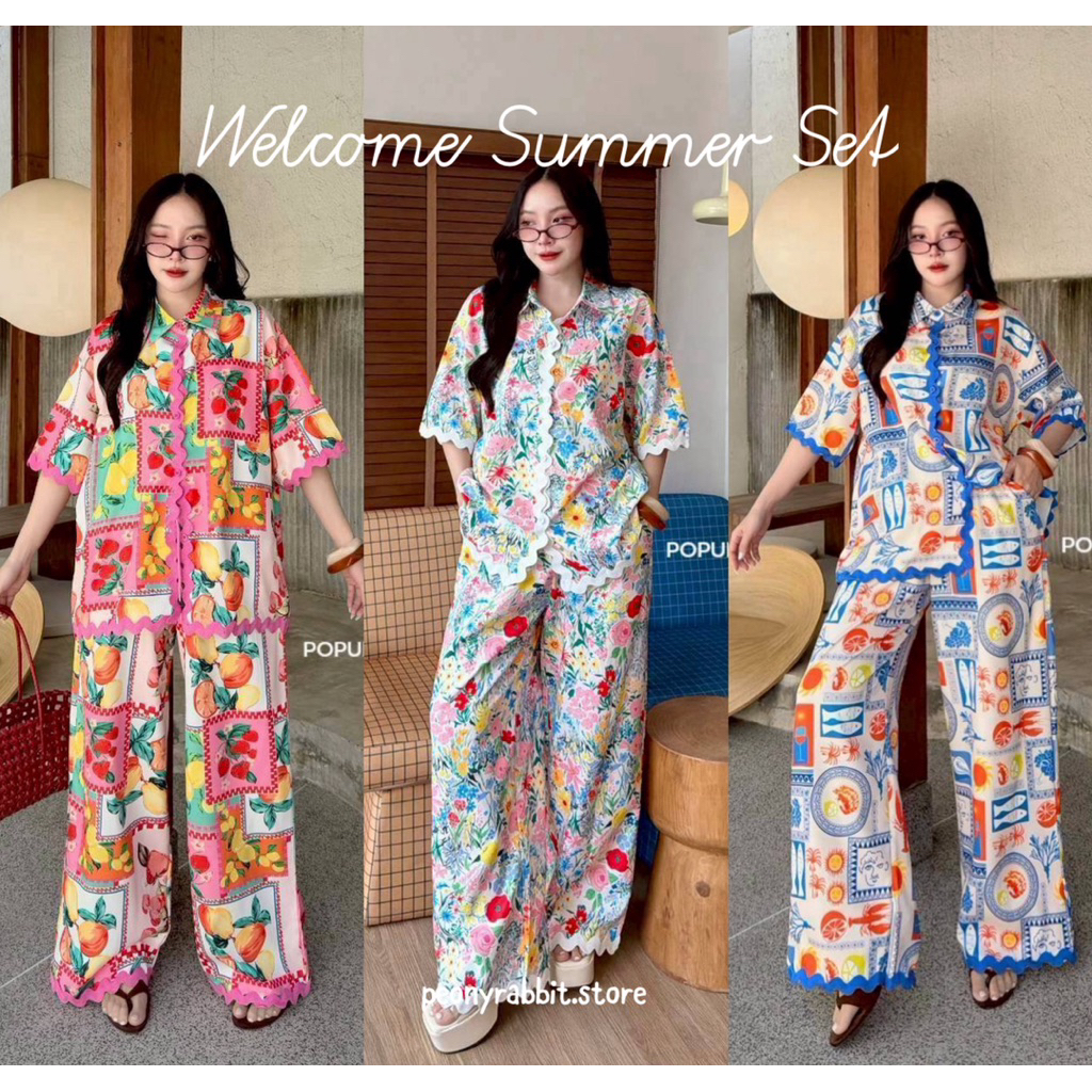 P SF020 ชุดเซ็ตผ้าไหมอิตาลีญี่ปุ่นเกรดพรีเมียม งานเซ็ตเสื้อทรงเชิ้ตมาคู่กับกางเกงขายาว พิมพ์ลายสวย สีสันสดใส รับ SUMMER
