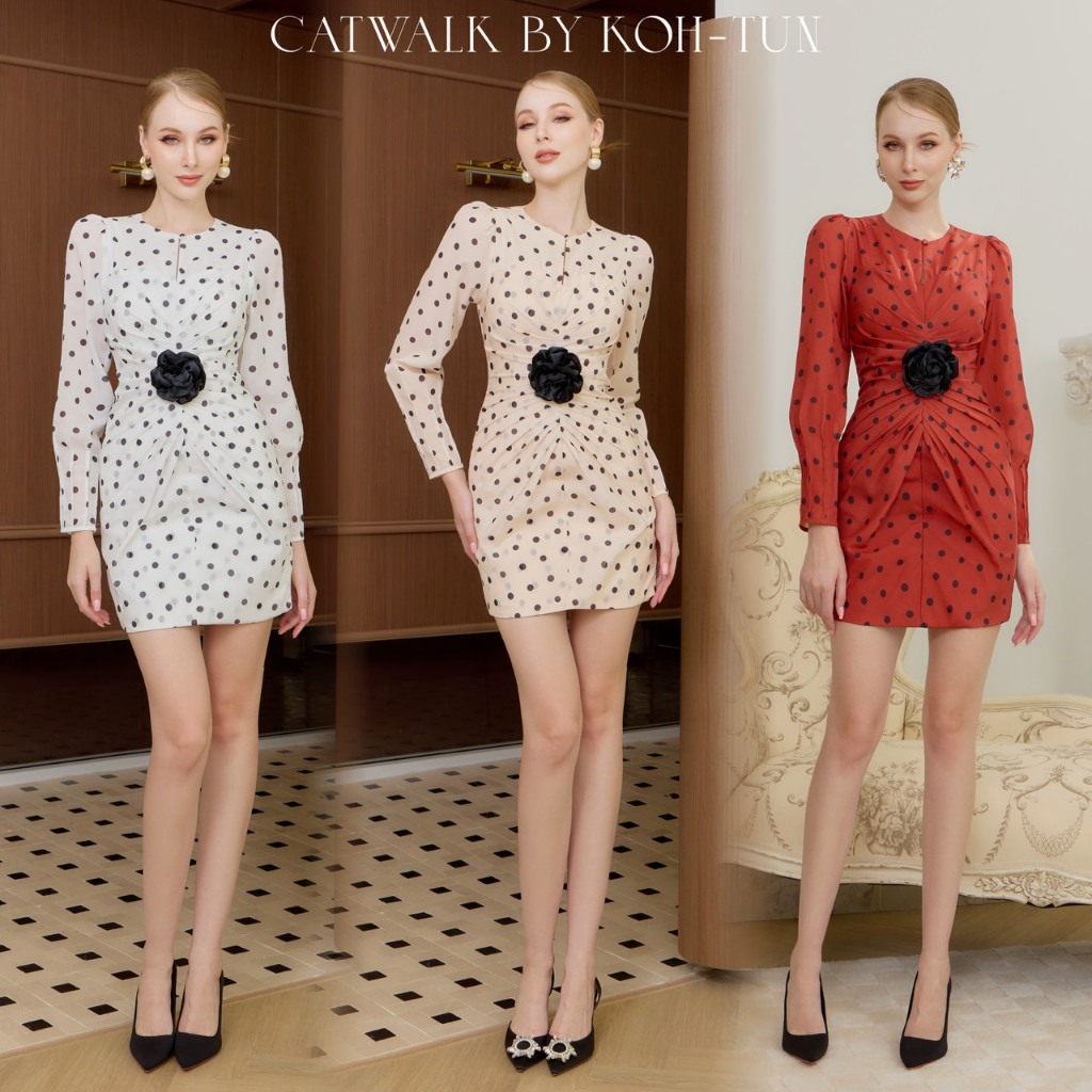 รบกวนเช็คสินค้าก่อนสั่งซื้อคะ Catwalk(แคทวอล์ค) เดรสจีบหน้าลายโพกาดอทแต่งดอกไม้สุดน่ารัก