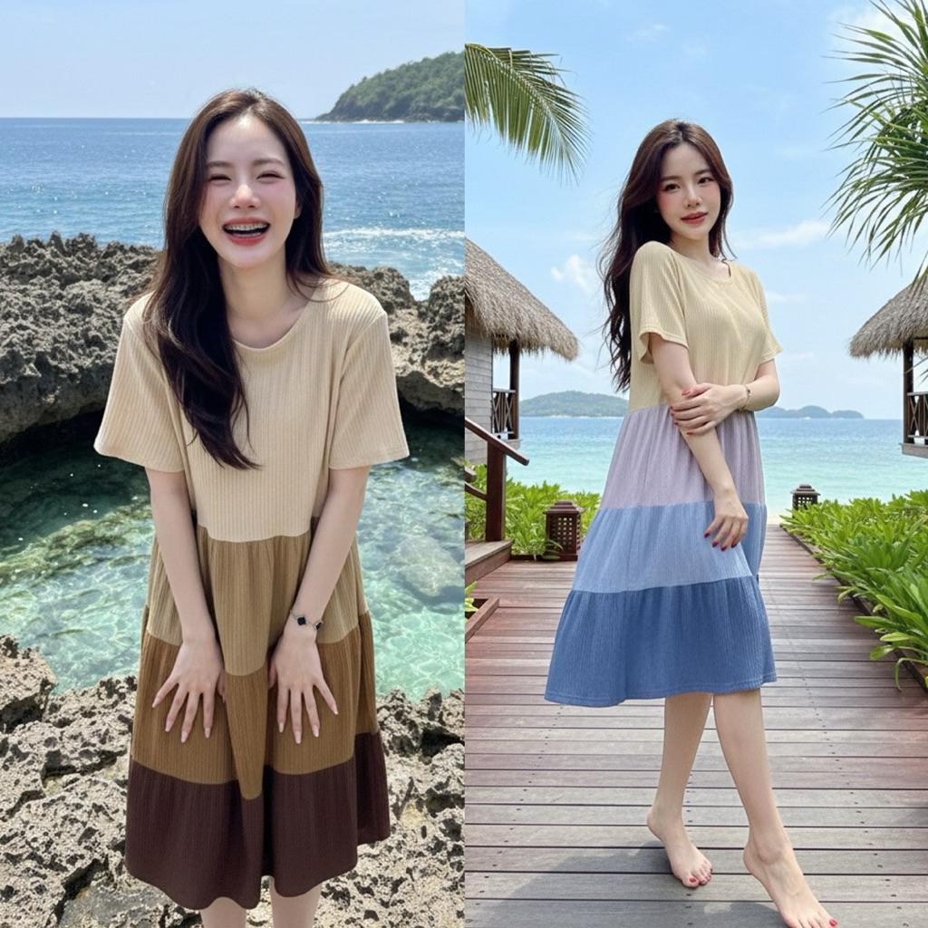 ชุดเดรสคอกลมทรงชั้นๆหลากหลายสี เสื้อผ้าผู้หญิงสาวอวบ Dress Clothing
