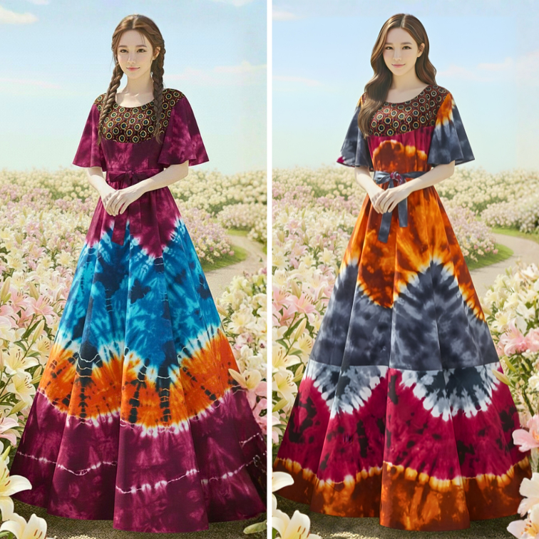 K51-K54 เดรสแขนระบาย ลายมัดย้อม คอปัก อก 32-42 นิ้ว ยาว 55 นิ้ว ไซด์ SS / S / M / L