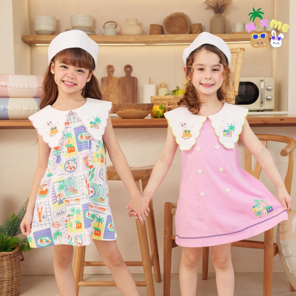 Mix Me ชุดเดรสกระโปรงทรงเอ แต่งปกผ้าทวิลเลเซอร์ปักขอบหยัก ผ้า Single jersey เด็กหญิง อายุ 1-7ปี เสื้อผ้าเด็ก รุ่น 500470