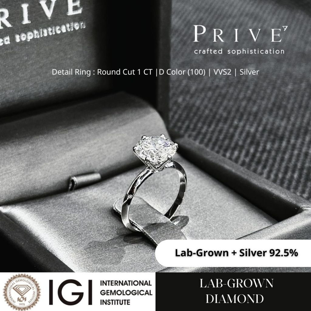 PRIVE' แหวนเม็ดเดี่ยว Round Cut เพชร Lab Grown พร้อม Cert. IGI น้ำ 100 (D color) ตัวเรือน Silver 925 สง่างามคู่คุณ