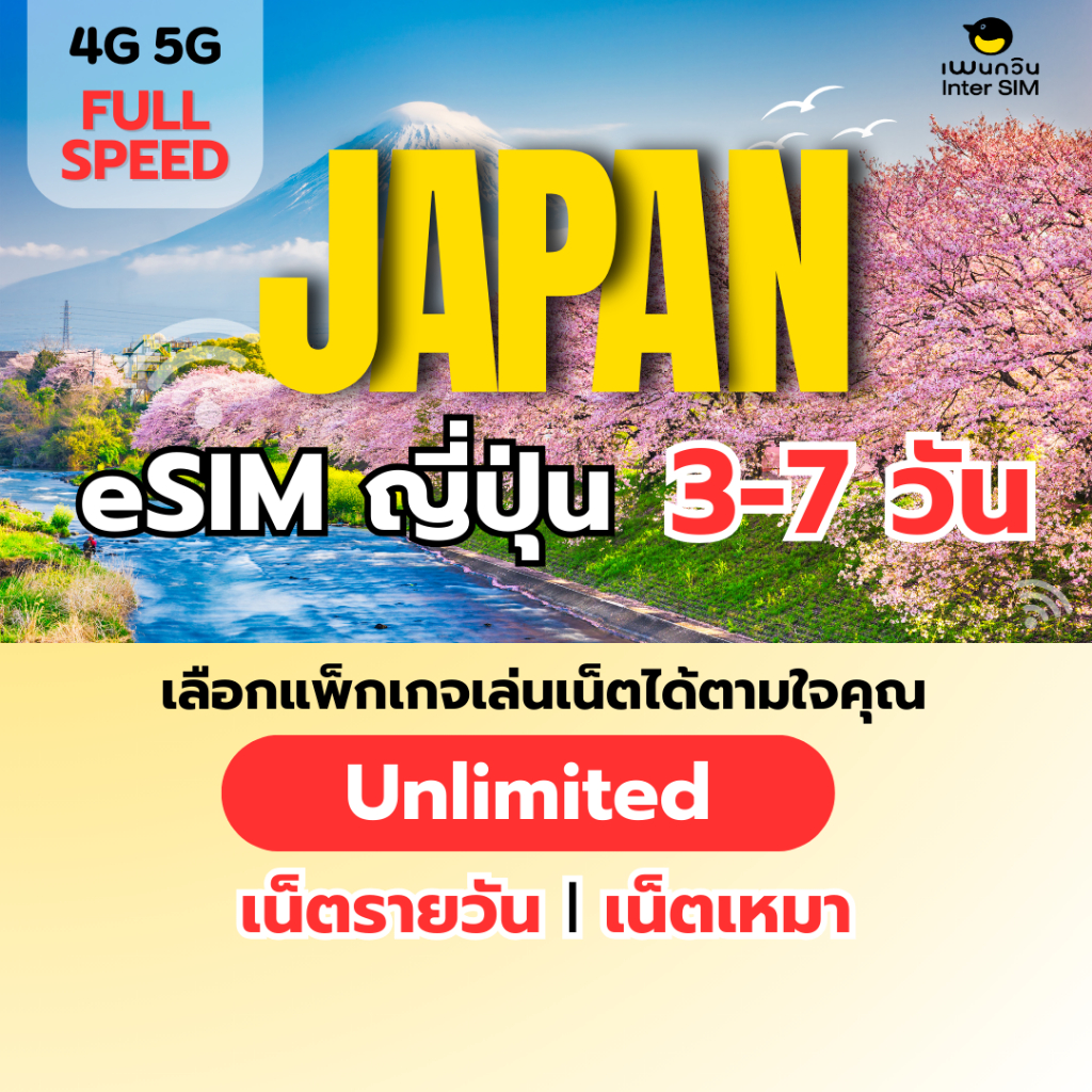(ทักแชท ก่อนสั่งซื้อ) eSIM Japan 5G/4G อีซิม ญี่ปุ่น เน็ตไม่จำกัด เน็ตรายวัน เน็ตเหมา เลือกได้ 3-7 ว
