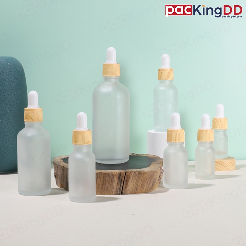 (แพ็ค 10 ชิ้น) ขวดแก้ว ดรอปเปอร์ สีขุ่น ฝาลายไม้ 5-100 ml. #P407 ขวดเซรั่ม ขวดแบ่ง PackingDD