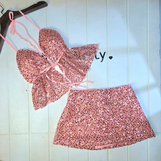 💕ShopBypuy💕ชุดเซ็ตวิ้งๆเกร็ดกลิตเตอร์สุดเซ็กซี่เสื้อแหวกหน้า+กระโปรง