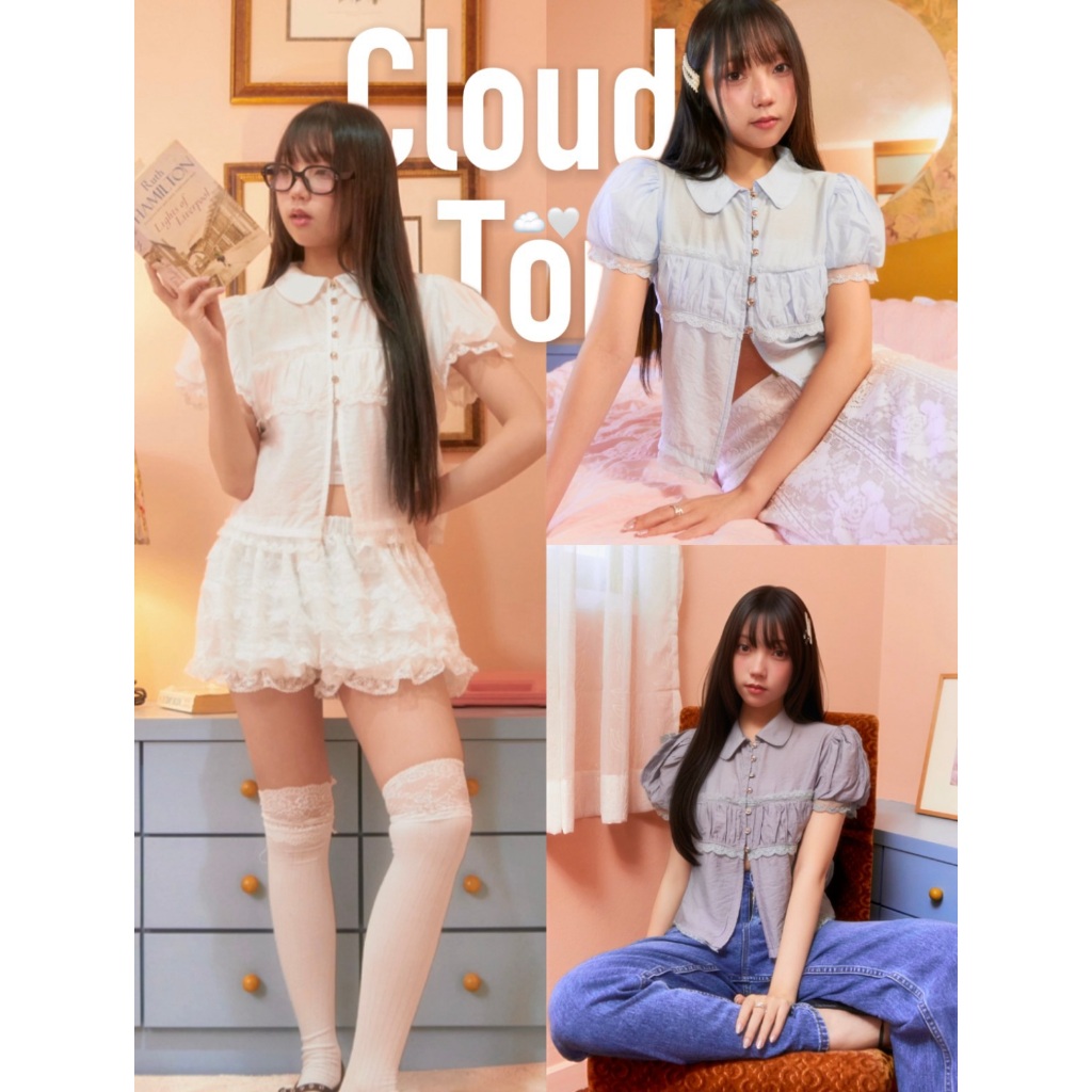 [มีส่งด่วน] Cloudy top เสื้อสไตส์น่ารักผสมความเซกซี่ แต่งชายระบายดอกไม้