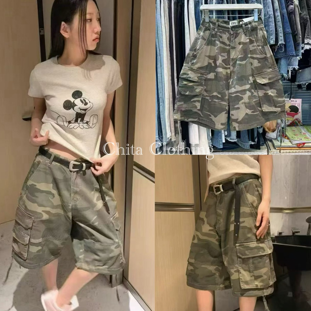 📍Pre📍🇰🇷FSY🇰🇷61821💌 Vintage camo cargo shorts🔥 กางเกงผ้ายีนส์บางลายทหาร เอวต่ำทรงคาร์โก้ แต่งกระเป๋าใหญ่